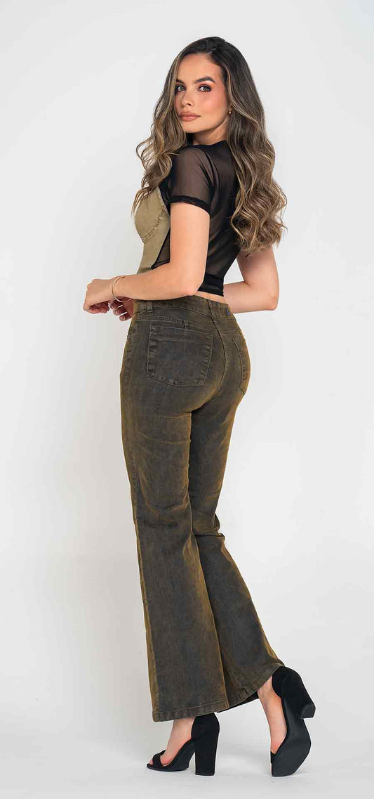 Ref. 700-1813 Jeans palazzo semirigido. Tiro alto 1 botón. denim gamuzado con desgastes