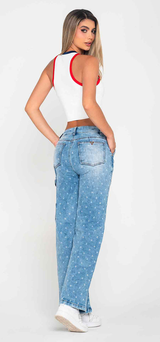 Ref. 700-1848 Jeans palazzo. Tiro alto 1 botón. Tono azul claro