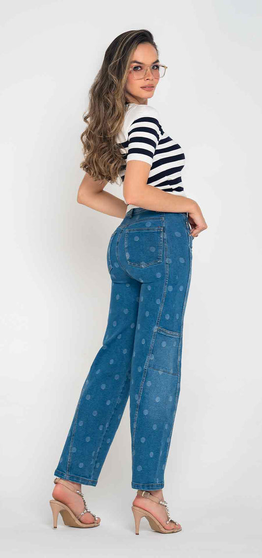 Ref. 700-1849 Jeans palazzo. Tiro alto 1 botón. azul medio