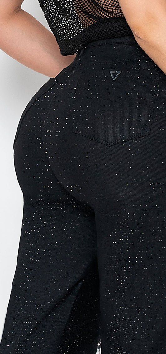 Ref. 700-1630 Jeans palazzo. Tiro alto 1 botón. Con brillos tono negro