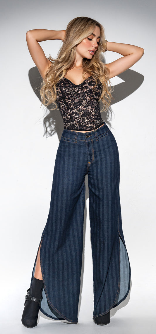 Ref. 700-1748 Jeans palazzo. Tiro alto 1 botón. azul oscuro