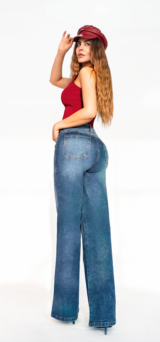 Ref. 700-1784 Jeans palazzo. Tiro alto 1 botón. azul medio con taches