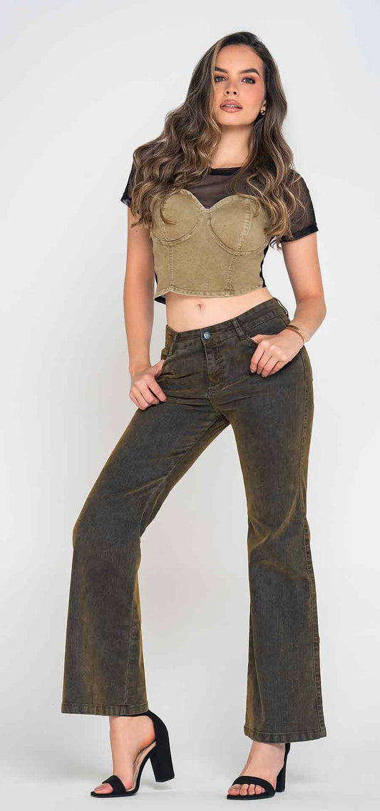 Ref. 700-1813 Jeans palazzo semirigido. Tiro alto 1 botón. denim gamuzado con desgastes