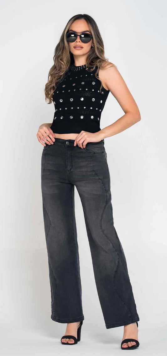 Ref. 700-1820 Jeans palazzo. Tiro alto 1 botón. gris medio oscuro