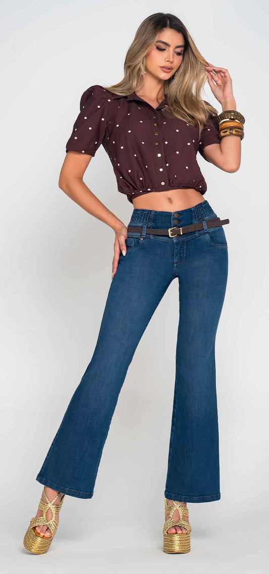 Ref. 700-1827 Jeans bota campana. Pretina alta control abdomen. Tono azul medio