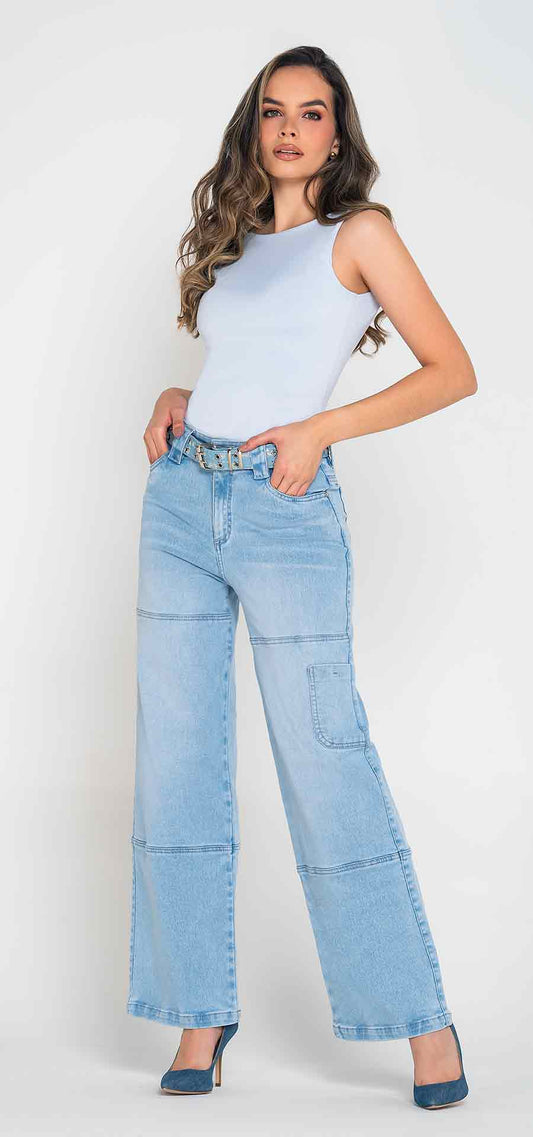 Ref. 700-1830 Jeans palazzo. Tiro alto 1 botón. Tono azul claro