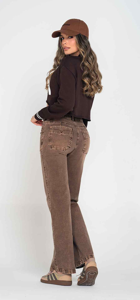 Ref. 700-1834 Jeans palazzo. Tiro alto 1 botón. Tono acid wash cocoa