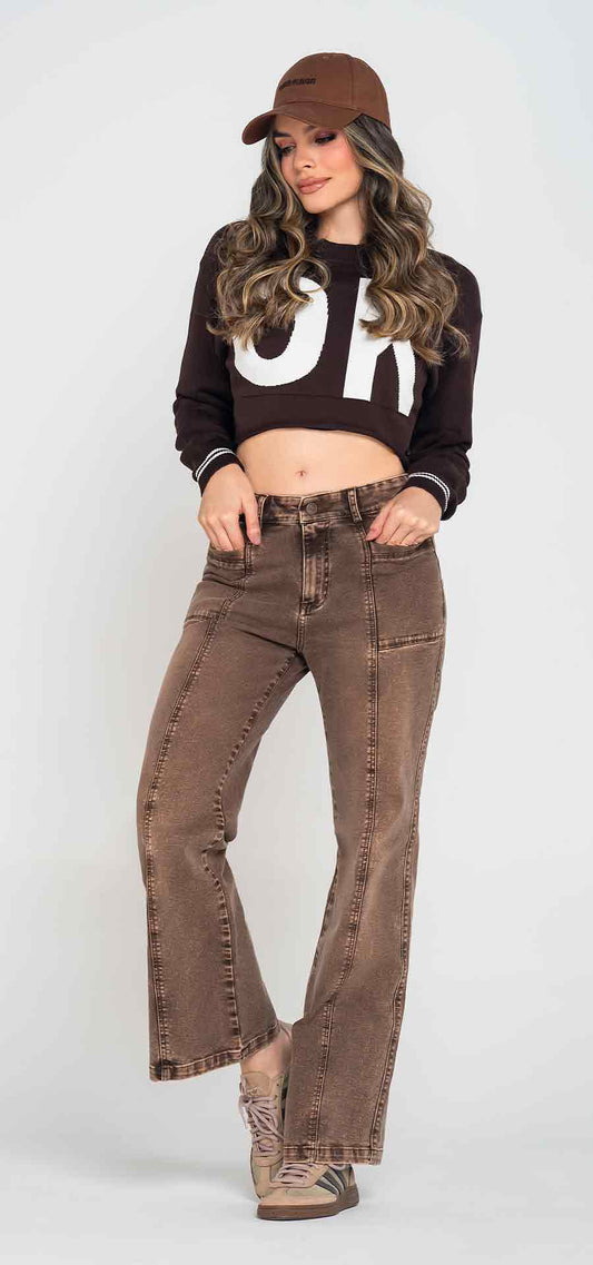 Ref. 700-1834 Jeans palazzo. Tiro alto 1 botón. Tono acid wash cocoa
