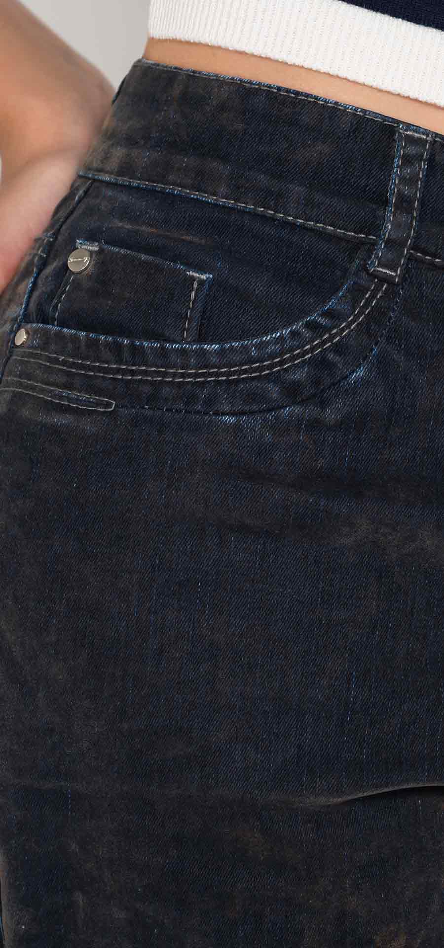 Ref. 700-1835 Jeans palazzo semirigido. Tiro alto 1 botón. denim gamuzado con desgastes