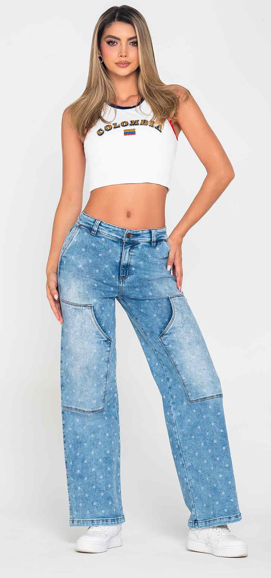 Ref. 700-1848 Jeans palazzo. Tiro alto 1 botón. Tono azul claro