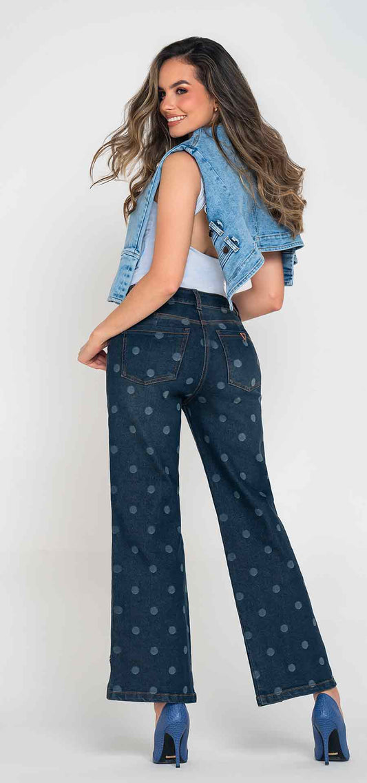 Ref. 700-1850 Jeans palazzo. Tiro alto 1 botón. azul medio