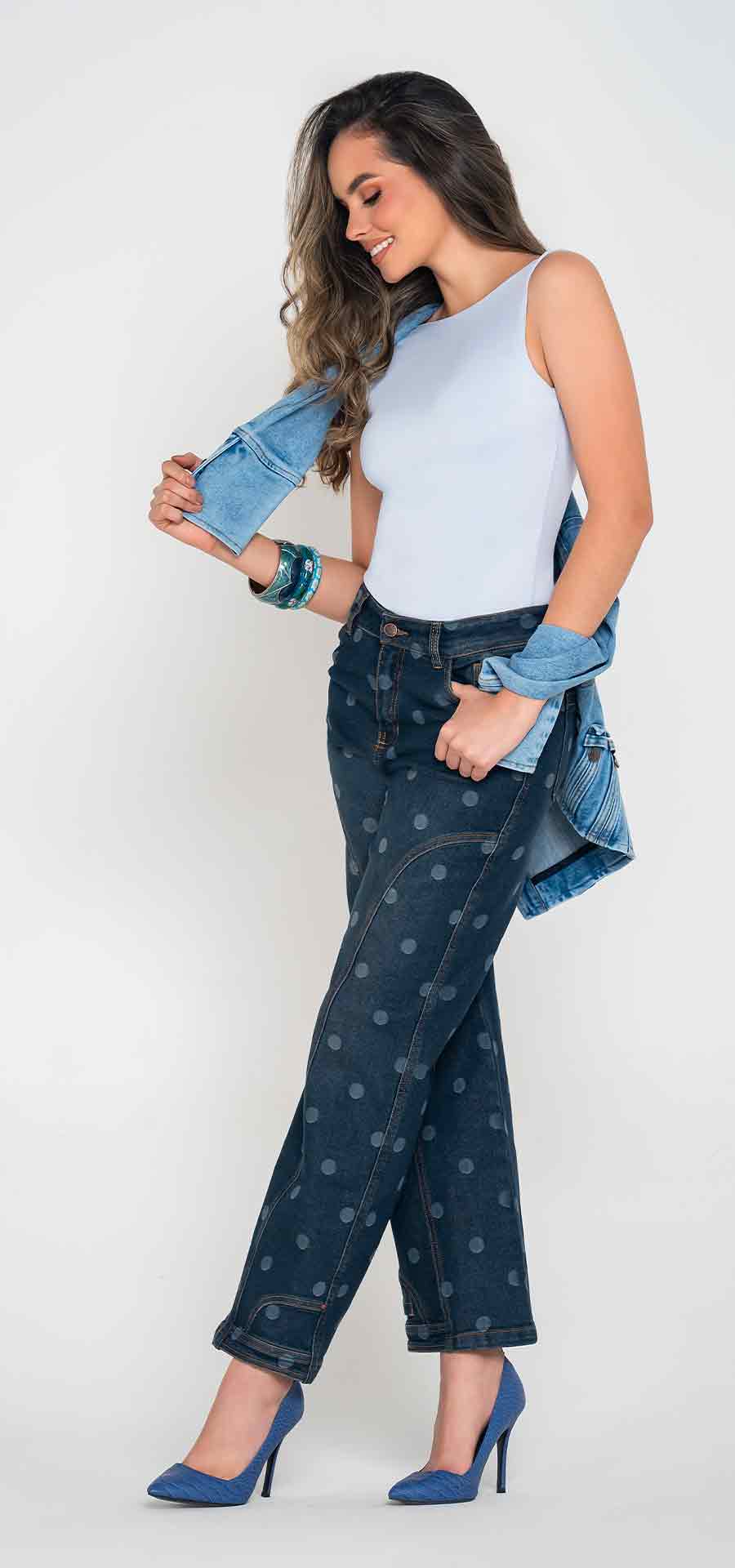 Ref. 700-1850 Jeans palazzo. Tiro alto 1 botón. azul medio