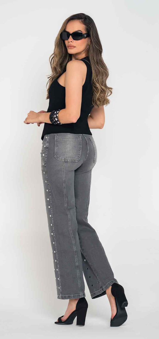 Ref. 700-1853 Jeans palazzo. Tiro alto 1 botón. gris claro