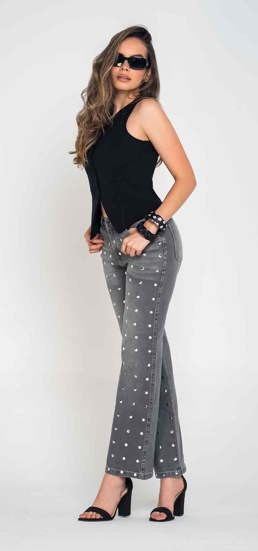Ref. 700-1853 Jeans palazzo. Tiro alto 1 botón. gris claro