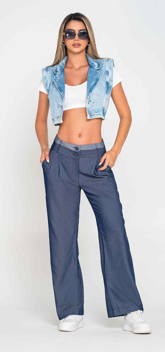 Ref. R-035 Pantalón Palazzo. Tiro alto 1 botón. Tencel liviano.