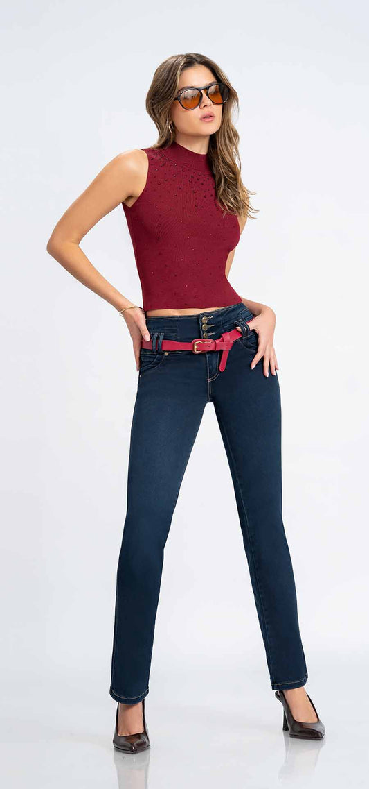 Ref. 700-1658 Jeans bota recta. Pretina alta control abdomen. Tono azul medio