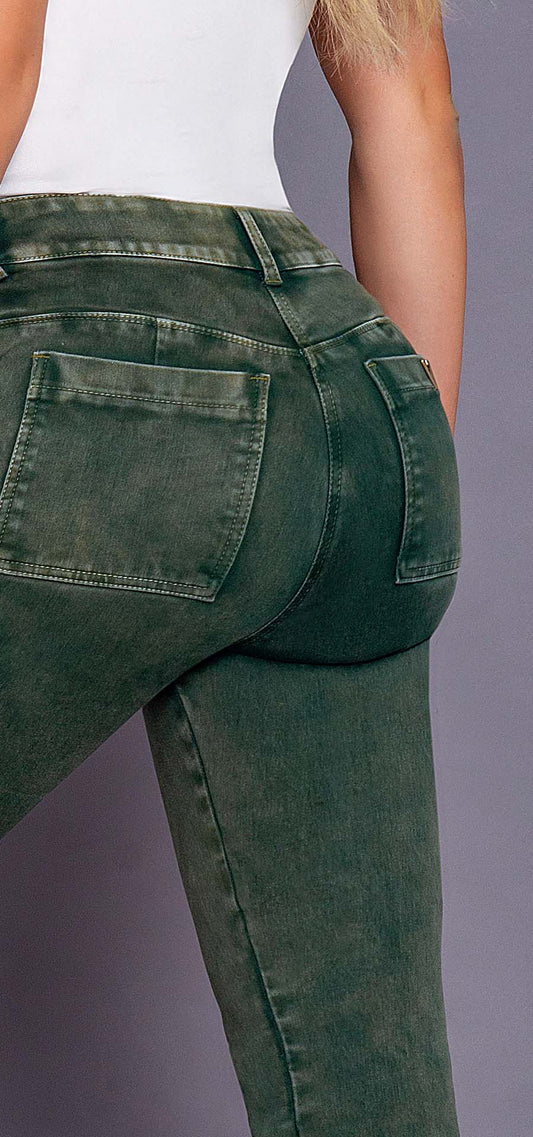 Ref. 700-1499 Jeans palazzo. Tiro alto 1 botón. Tono verde militar
