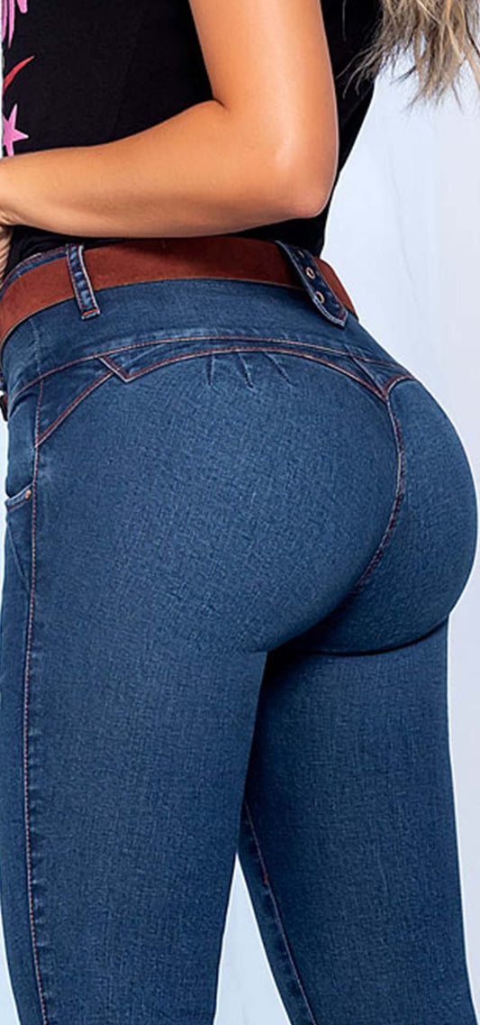 Ref. 700-1533 Jeans bota tubo. Pretina alta control abdomen. Tono azul medio
