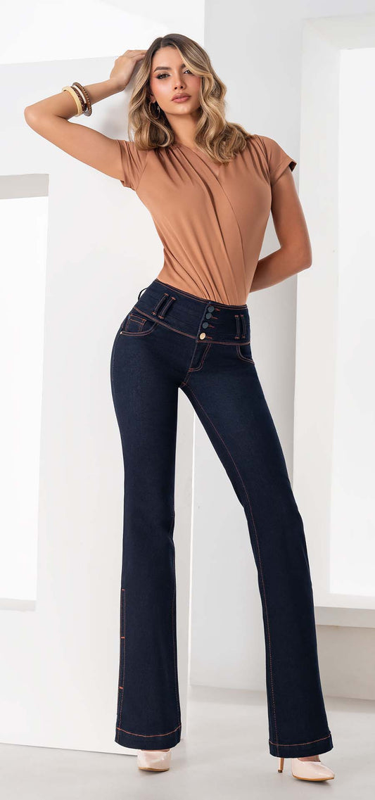 Ref. 700-1768 Jeans bota recta. Pretina alta control abdomen. Tono azul oscuro