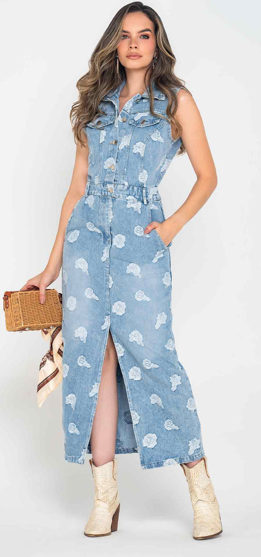 Ref. V-070 Vestido enterizo en denim tipo jacquard con abertura.