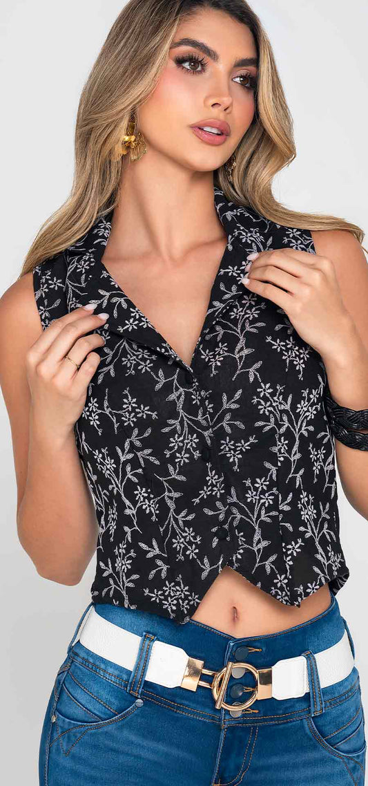 Ref. Y-115 Chaleco semi ajustado. Material Lino bordado. Tono negro blanco
